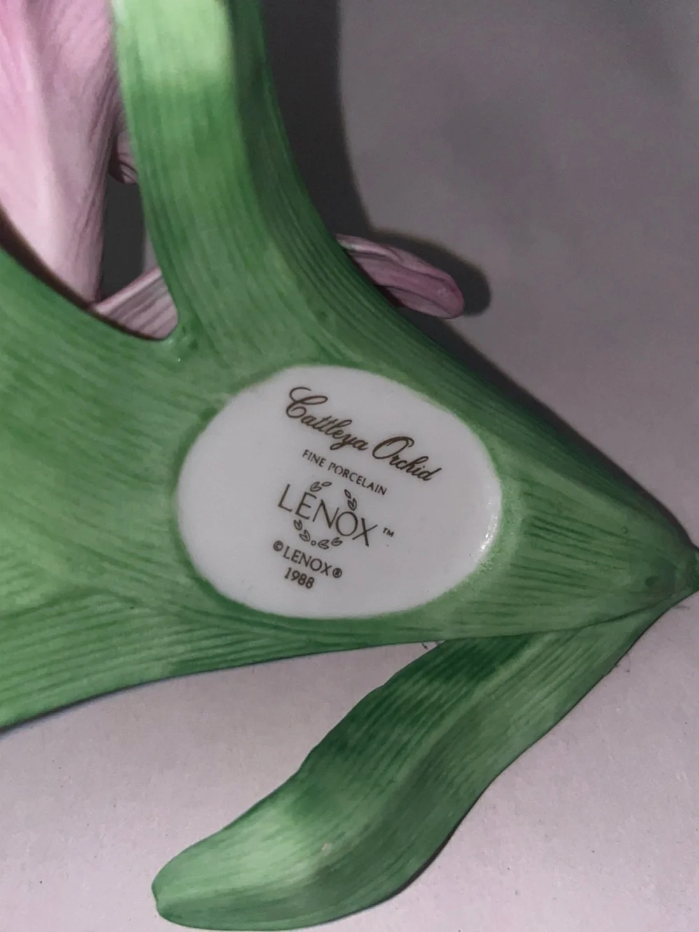 Lenox Pink and Yellow Porcelain Orchid Accent with Green Leaves